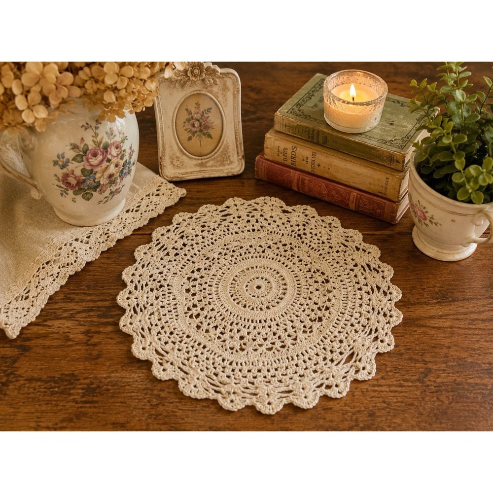 Vintage Hand Crocheted Doily 10" Round Lace Table Centerpiece Cottage Decor